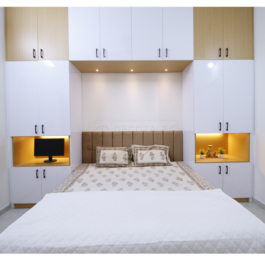 Bedroom with wardrobe and niches in a villa in Horamavu, Bangalore – Decotales turnkey interiors