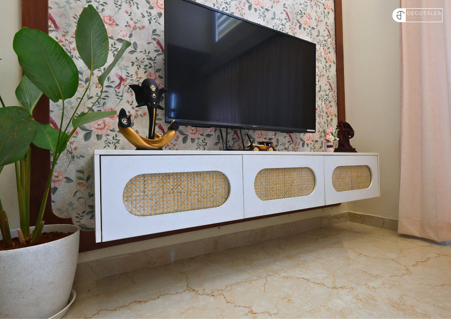 Floating TV unit with wallpaper in a villa in Chikkatirupathi, Bangalore – Decotales turnkey interiors