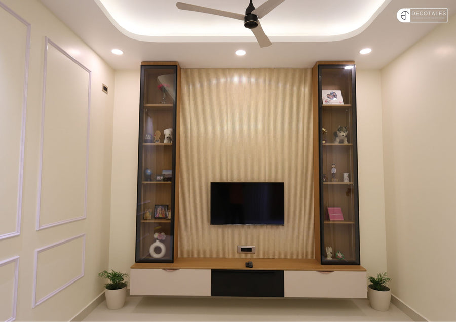 TV unit with display shelves in a villa in Electronic City, Bangalore – Decotales turnkey interiors